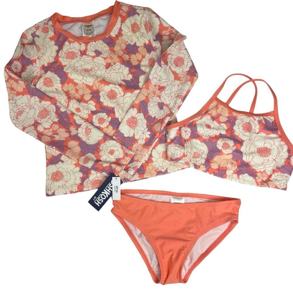 Carters Girls 3 Piece Swimsuit Set Tankini and Long Sleeve Rashguard Size 8 NWT